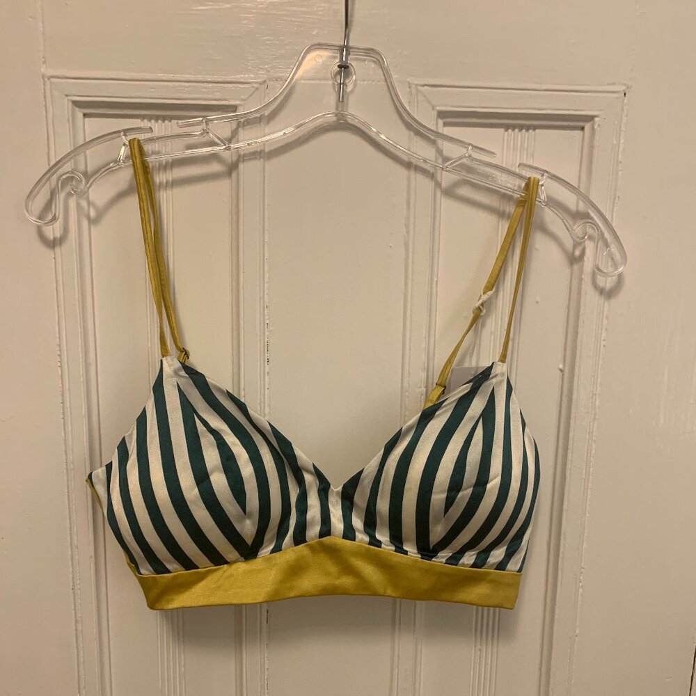 NWT Silk Maison B&W Silk Bra Size Large Teal Ivory Gold
